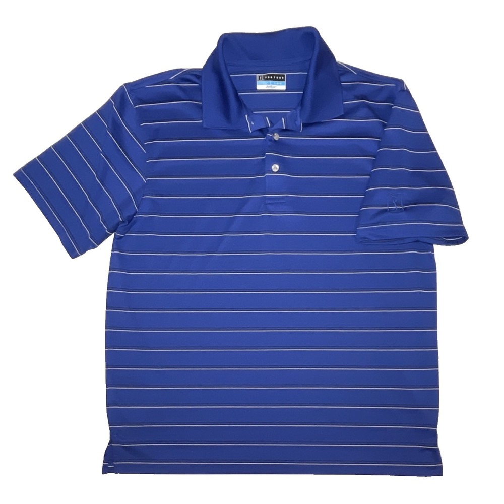PGA TOUR Airflux Men's Striped Golf Polo Shirt Blue/White Short Sleeve Size L